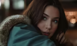 an attractive woman wearing a fur coat in a blurry city