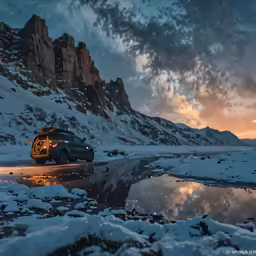 a van that is driving on some snowy roads