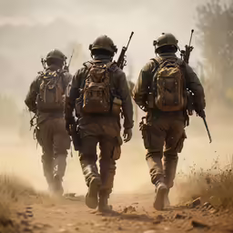 four soldiers are seen in uniform, walking together