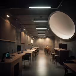 a big room has a large mirror above it and computer tables and chairs