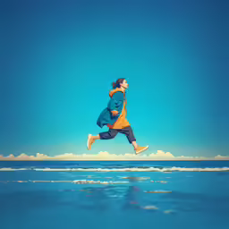 a woman running in the air over water