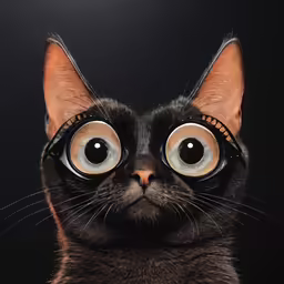 an odd picture of a black cat with a funny expression