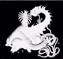 a drawing of a dragon and its baby in black and white,a black and white drawing of a dragon in a garden