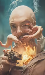 a man holding a small gun with some sort of fire