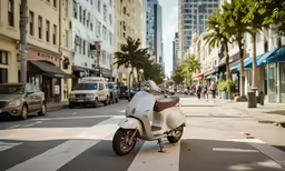 scooter parked on a city street in front of a curb