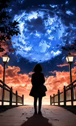 a woman stands on a bridge with a bright blue sky and clouds
