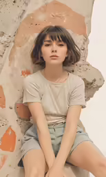a young girl sitting against a stone wall