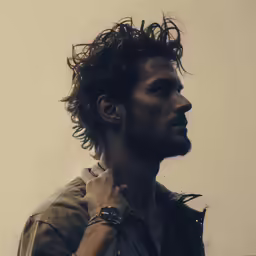 a man with long hair and a beard with scissors around his neck