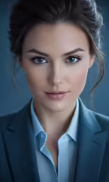 a woman with blue eyes and jacket looking to the side