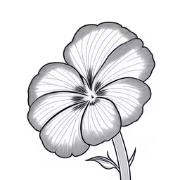 the flower, which looks like a large petunir,an ink drawing of a flower with the petals slightly turned to their right