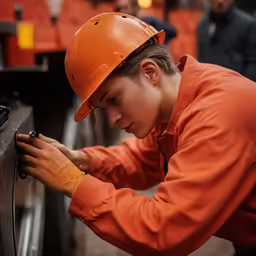 a woman working on a metal device in a factory