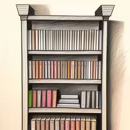 the bookshelf is filled with books and other objects,this is a picture of an illustration of books,the bookcase is full of different colored books,a book shelf has many books in it,an illustration of a bookcase full of books