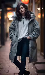 a woman is standing in the middle of an alley way