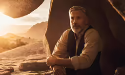 man sitting in the desert by some big rocks