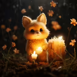 a brown chihuahua sitting next to three lit candles
