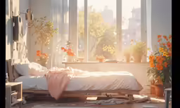 an unmade bed and some potted plants in the corner