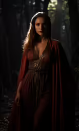 a woman in red is standing in the woods