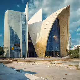 a building in front of a road with cars parked outside it