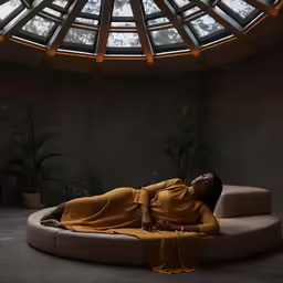 an inside look of a person lying on the floor in a circular room