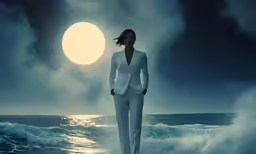 a woman in a white suit standing on a wave