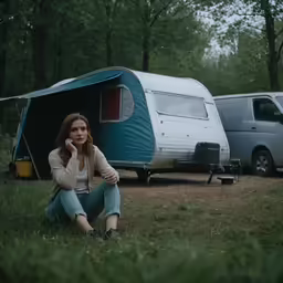 a woman in a white shirt sitting outside of an rv