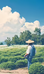 a person wearing a hat stands in a field