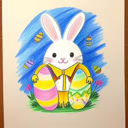 a card of a bunny dressed as a easter egg,a drawing of a cartoon bunny is holding a big easter egg