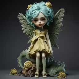 a little angel doll with blue hair in a yellow dress