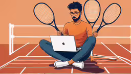 man sitting on a tennis court holding two tennis racquets with a laptop,man with laptop sitting on tennis court with 3 tennis rackets