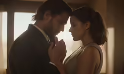a man and woman standing in a room together