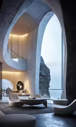 a round couch, chair and table in a room