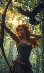 a beautiful redhead girl standing in the woods with a bird on her shoulder