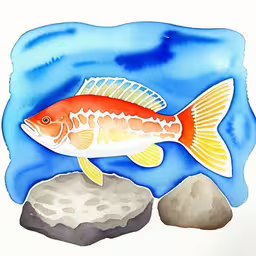 a fish sits on a rock beside some water,a fish sits on top of a rock with blue water in the background,a large fish swimming in water between two rocks,the fish in the water is red, yellow and white,a large red fish with a long tail swimming over water
