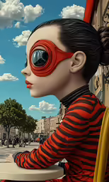 a painting of a girl with red goggles sits on top of a table