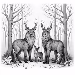 two adult deer standing next to a young one