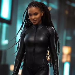 a black woman in leather catsuit and full hair