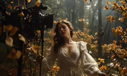 a woman with a camera and some bushes