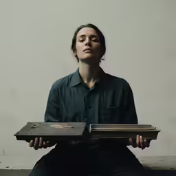 woman sitting on the ground in front of a box