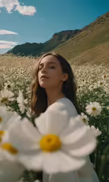 a woman standing in a field of white flowers