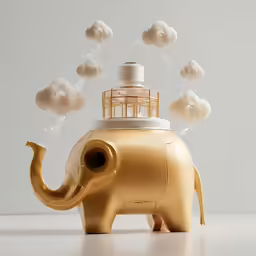 an elephant model with cloud rainings from the top