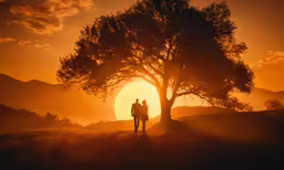 there is a man and woman that are standing under the tree