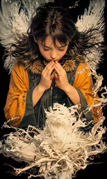 a young girl sitting in front of an angel on her knees with her hands together