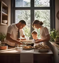 the two people are preparing a meal for the little boy
