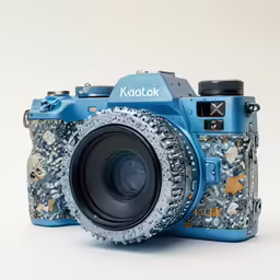 the digital camera with a blue lens on the top