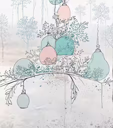 a painting of balls hanging from a tree,a vase with ornaments is sitting in front of a window