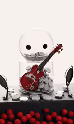 a toy with a guitar next to it