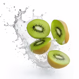 kiwi fruits are splashing into a white background