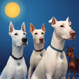three white dogs, two with a heart collar on, one with a blue leash and one without