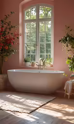 a bathroom with large, white tub and pink walls