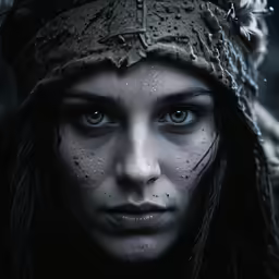 a woman wearing a cap with a spiked skull on her head